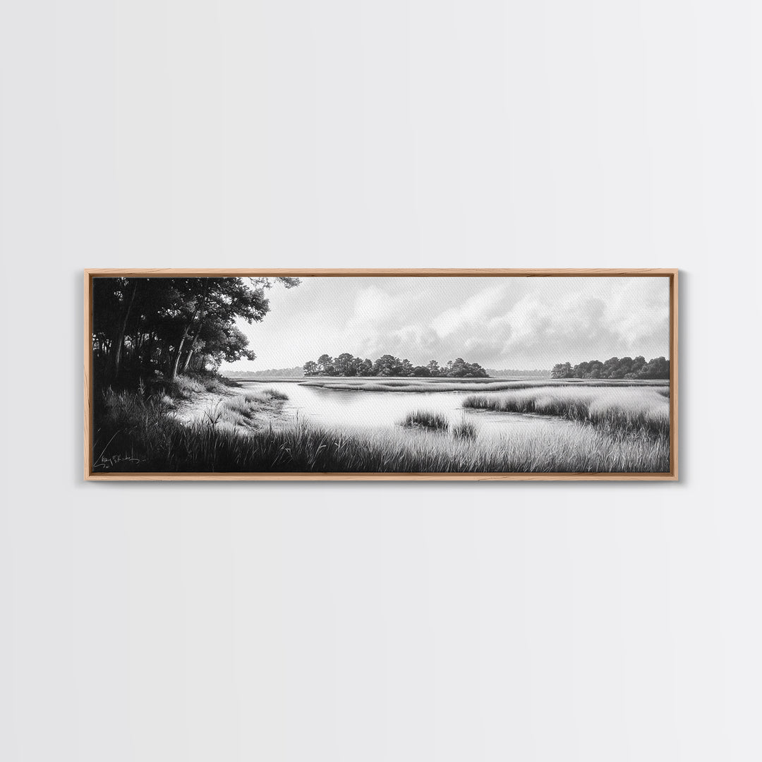 Marsh Scene, Grassy Shore, Tree Lined Path, Canvas Print, Nature Landscape Art, Rustic Cabin Decor, Peaceful Living Room Style