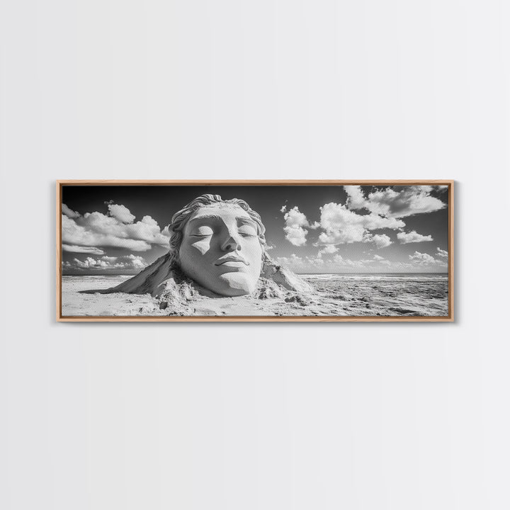 Sand Sculpture Head, Beach Goddess, Coastal Calm, Surreal Beauty, Framed Canvas Print, Modern Wall Art, Living Room Decor, Minimalist Art