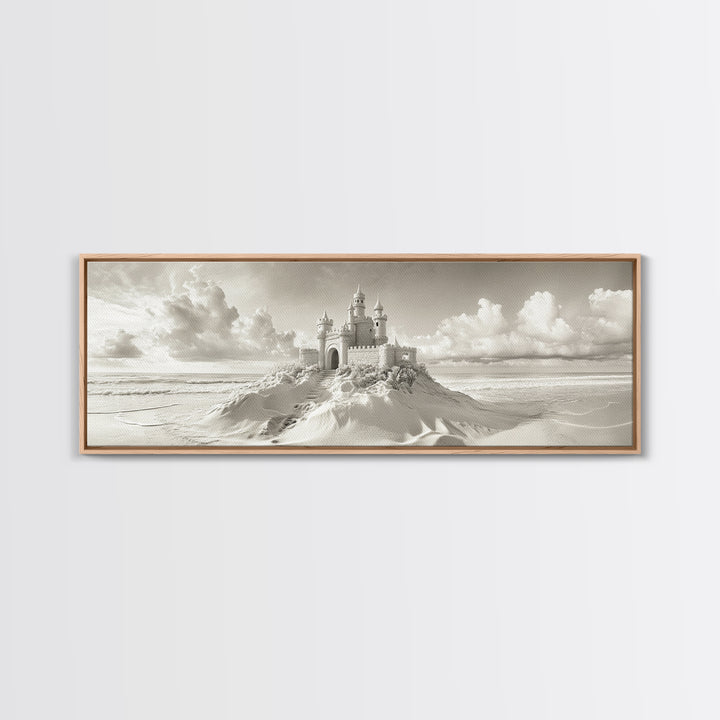 Fantasy Sand Castle, Seaside Kingdom, Dreamy Beach Scene, Magical Vibes, Framed Canvas Print, Kids Room Art, Whimsical Decor, Coastal Theme