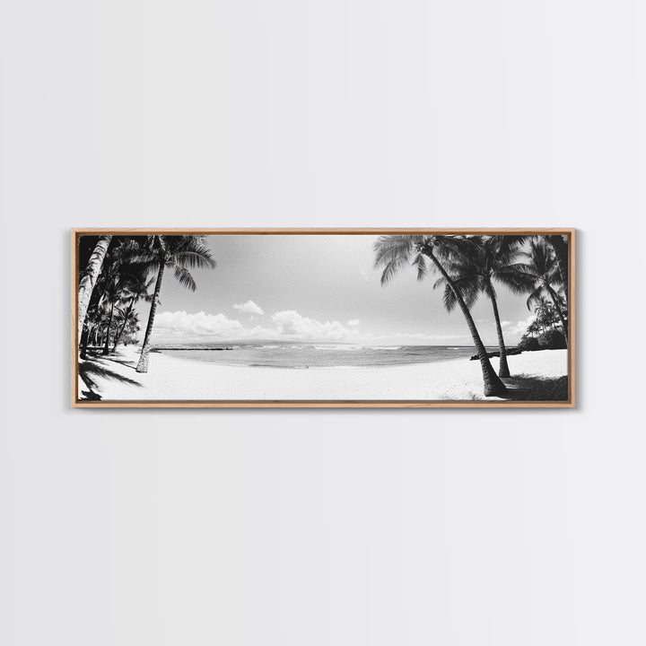Tropical Beach Scene, Palm Tree Horizon, Ocean Serenity, Island Life, Framed Canvas Print, Coastal Wall Art, Living Room Decor, Minimalist Vibe