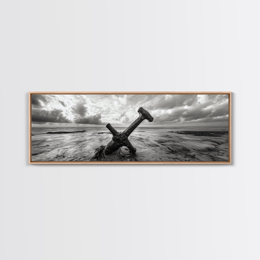 Seaside Iron Anchor, Rustic Beach Print, Nautical Ocean Art, Framed Canvas Print, Moody Wall Decor, Coastal Living Room Art