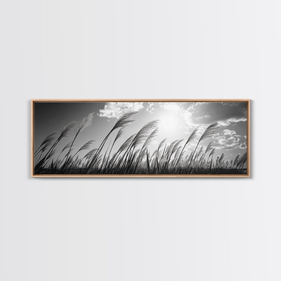 Windy Grass Field, Sunlit Sky, Nature Movement, Prairie Glow, Framed Canvas Print, Fall Wall Art, Living Room Decor, Boho Rustic Aesthetic