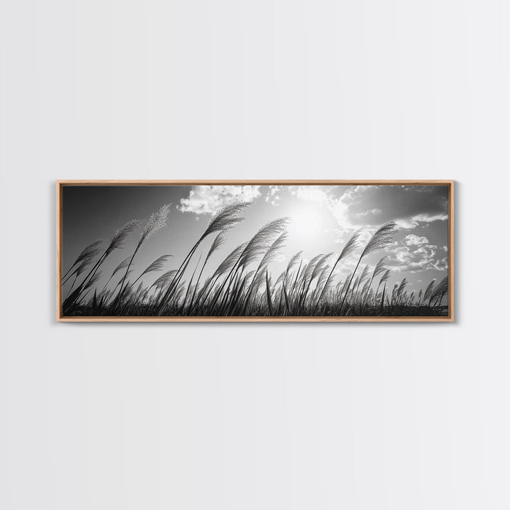 Windy Grass Field, Sunlit Sky, Nature Movement, Prairie Glow, Framed Canvas Print, Fall Wall Art, Living Room Decor, Boho Rustic Aesthetic