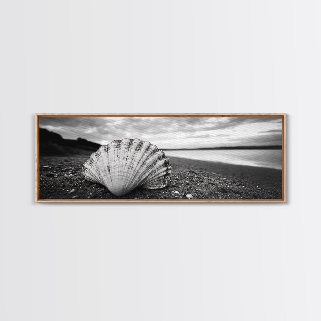 Shell on Shore, Monochrome Coastal, Canvas Print, Boho Wall Art, Bathroom Wall Decor, Natural Beach Aesthetic, Ocean Inspired Art