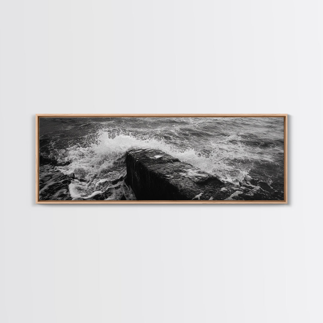 Crashing Waves Rock, Coastal Seascape, Ocean Photography, Black White Art, Framed Canvas Print, Nautical Bathroom Wall Decor