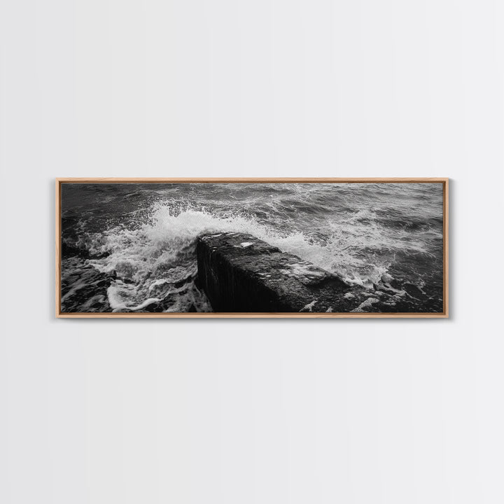 Crashing Waves Rock, Coastal Seascape, Ocean Photography, Black White Art, Framed Canvas Print, Nautical Bathroom Wall Decor