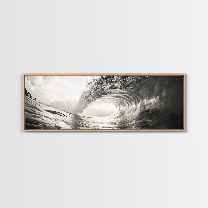 Ocean Barrel Wave, Surf Photography, Coastal Decor, Sepia Framed Canvas Print, Modern Beach House Bathroom or Living Room Wall Art