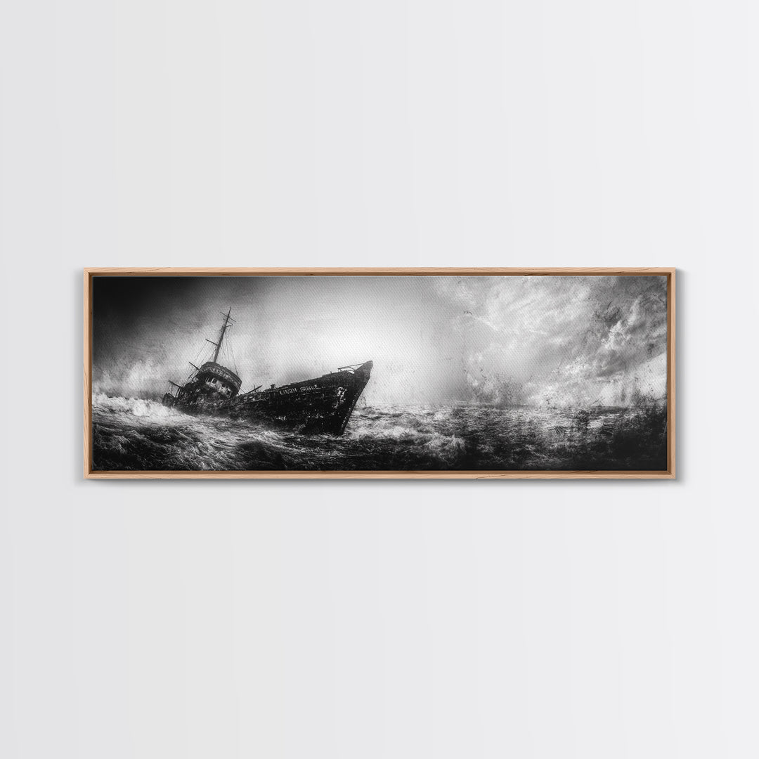 Abandoned Shipwreck Storm, Dark Sea Drama, Grunge Nautical Art, Framed Canvas Print, Industrial Office or Man Cave Wall Decor