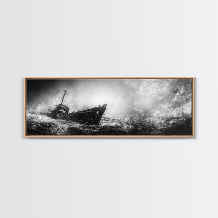 Abandoned Shipwreck Storm, Dark Sea Drama, Grunge Nautical Art, Framed Canvas Print, Industrial Office or Man Cave Wall Decor