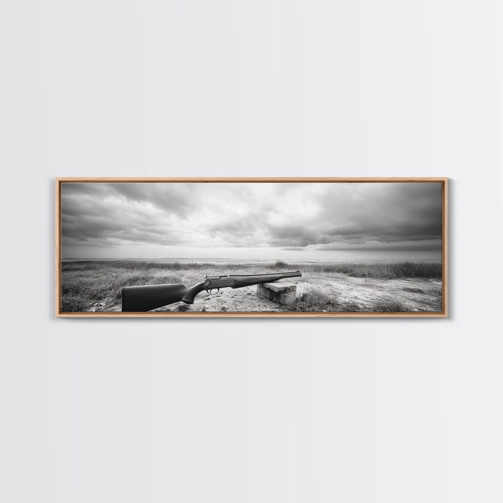 Coastal Rifle Scene, Outdoorsman Decor, Field and Sky Black and White Framed Canvas Print, Autumn Cabin or Lodge Wall Art