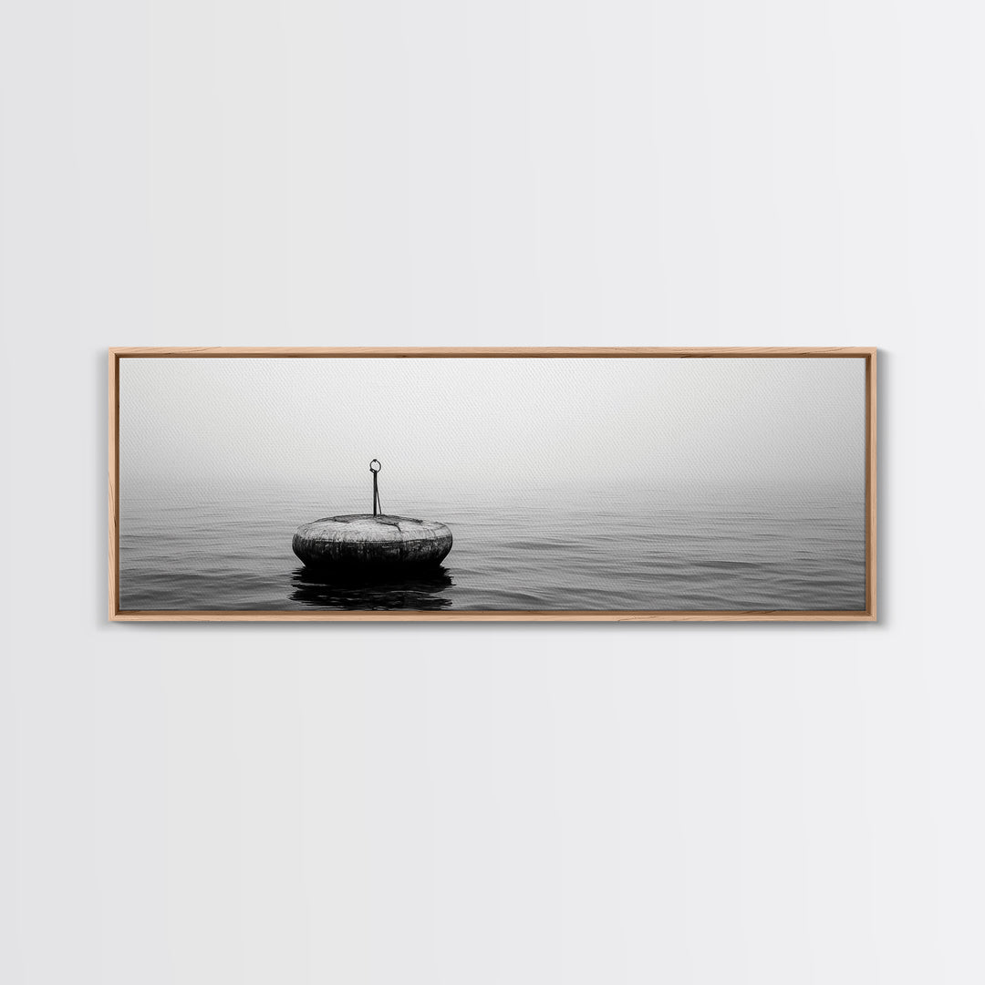 Solitary Sea Buoy, Calm Ocean View, Black White Minimalist, Nautical Canvas Print, Peaceful Coastal Wall Art, Bedroom Decor
