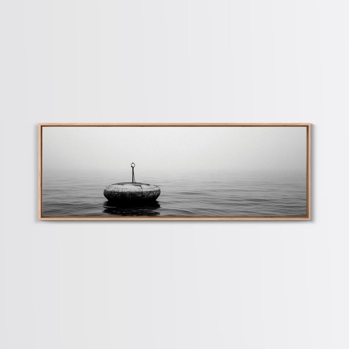 Solitary Sea Buoy, Calm Ocean View, Black White Minimalist, Nautical Canvas Print, Peaceful Coastal Wall Art, Bedroom Decor