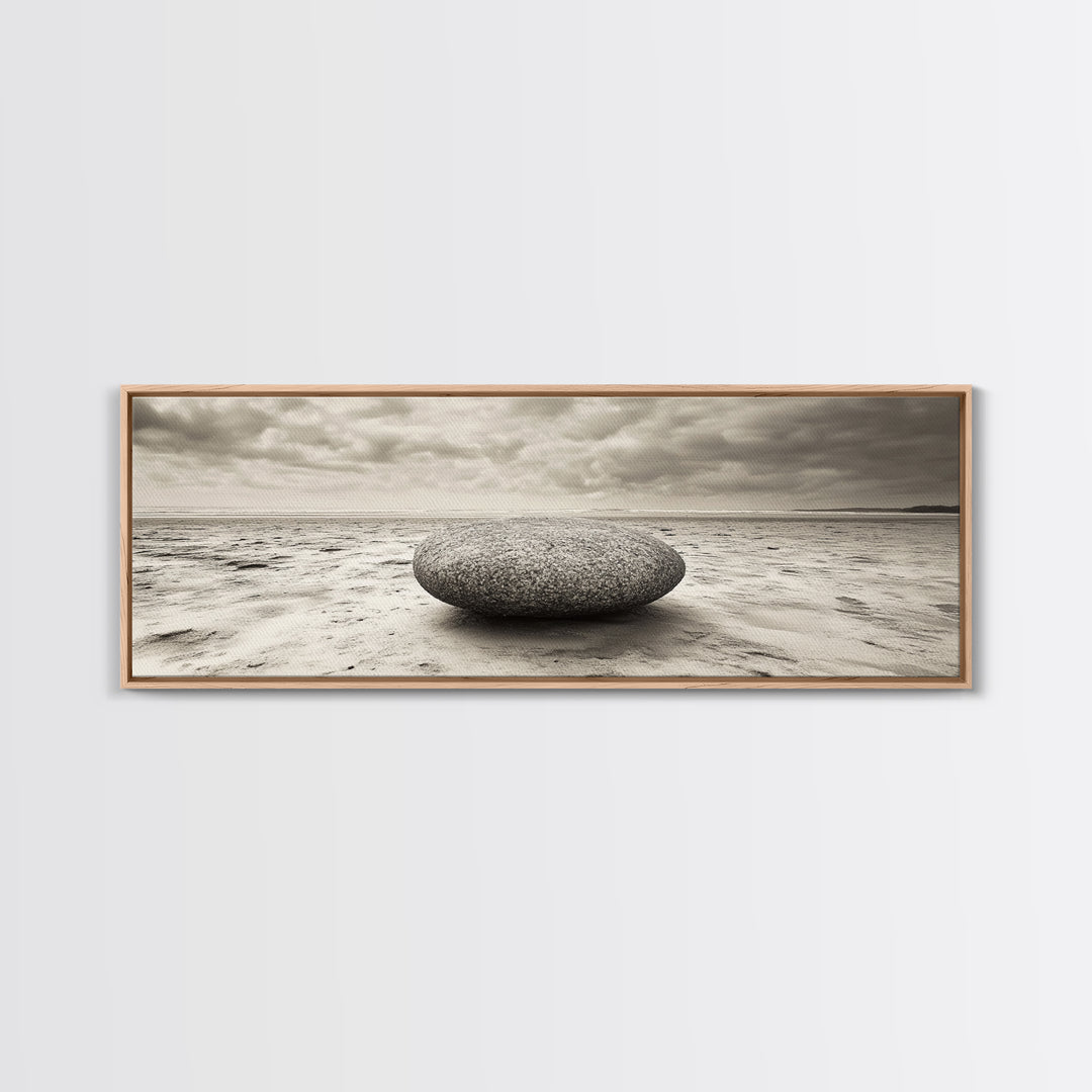Round Beach Boulder, Serene Shore, Natural Simplicity, Neutral Toned Framed Canvas Print, Minimalist Living Room or Yoga Wall Art
