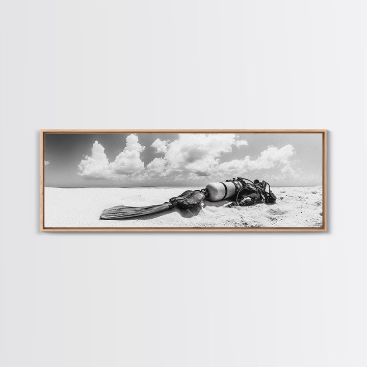 Scuba Gear, Deserted Beach, Ocean Explorer, Framed Canvas Print, minimalist beach decor, scuba diver gift, ocean wall art, travel lover art