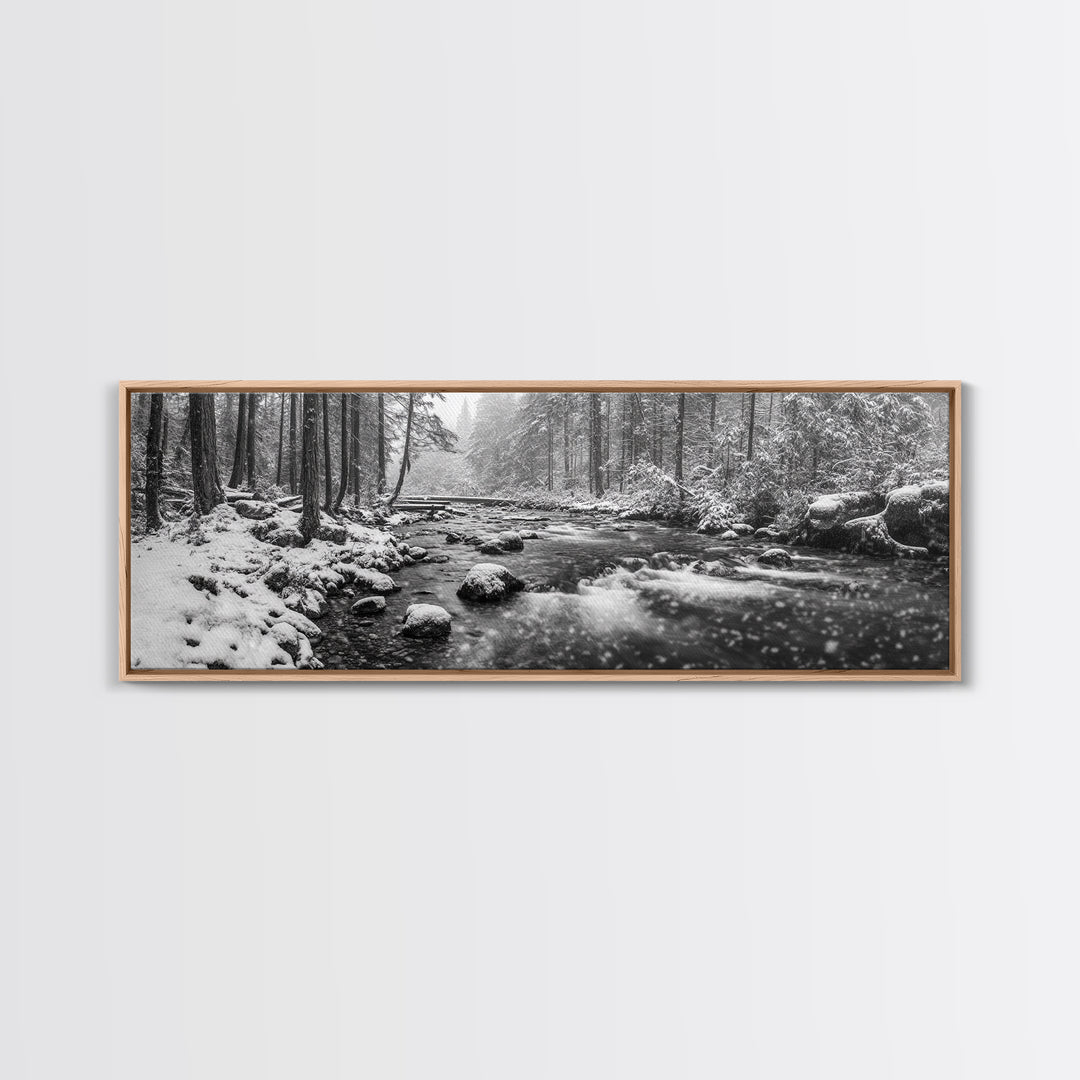 River Stream, Snow Forest, Winter Tranquility, Canvas Print, cozy cabin art, hygge home decor, Christmas wall art, woodland minimalist art