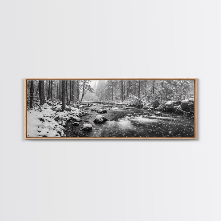 River Stream, Snow Forest, Winter Tranquility, Canvas Print, cozy cabin art, hygge home decor, Christmas wall art, woodland minimalist art