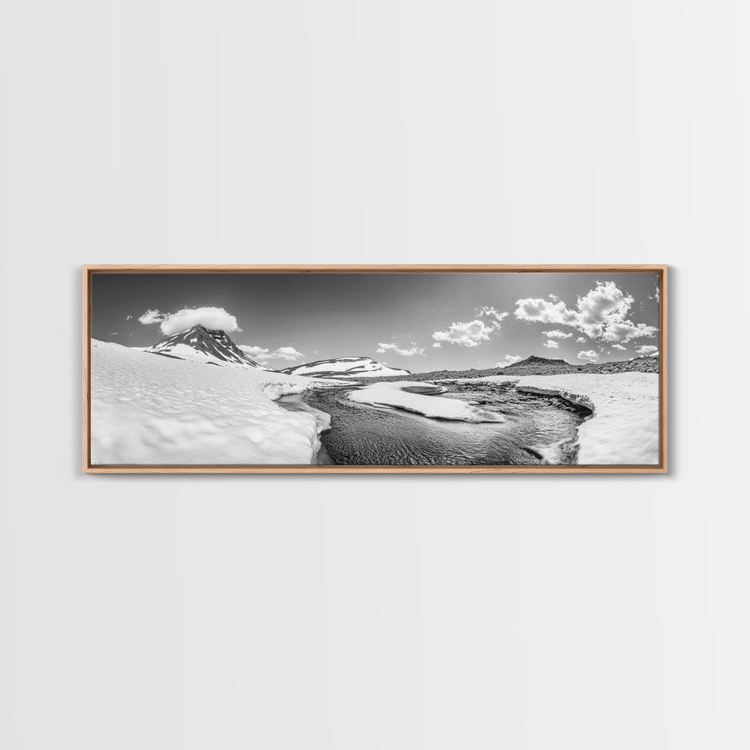 Arctic Stream, Mountain Snow, Clear Sky, Framed Canvas Print, Scandinavian decor, nature wall art, winter bedroom print, cool color tones