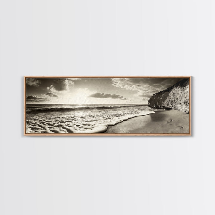Cliff Coastline, Ocean Sunset, Beach Waves, Framed Canvas Print, seascape wall art, coastal bedroom decor, relaxing nature vibe, neutral art