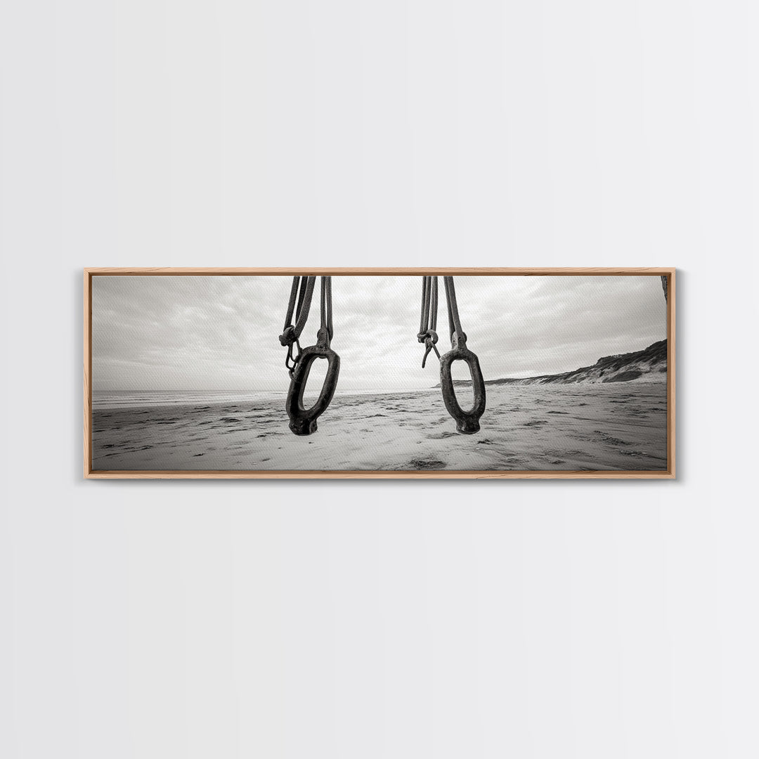 Nautical Swing, Beach Ropes, Seaside Minimalism, Canvas Print, black and white beach decor, coastal hallway wall art, maritime rustic style
