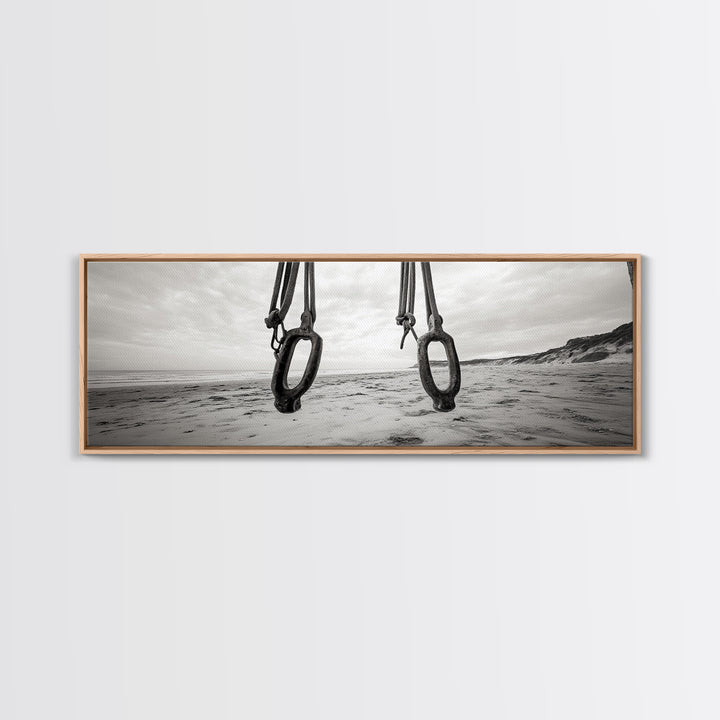Nautical Swing, Beach Ropes, Seaside Minimalism, Canvas Print, black and white beach decor, coastal hallway wall art, maritime rustic style