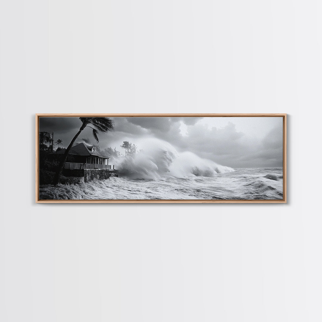 Stormy Waves, Ocean Fury, Tropical Housefront, Canvas Print, dramatic coastal decor, fall storm wall art, modern living room statement