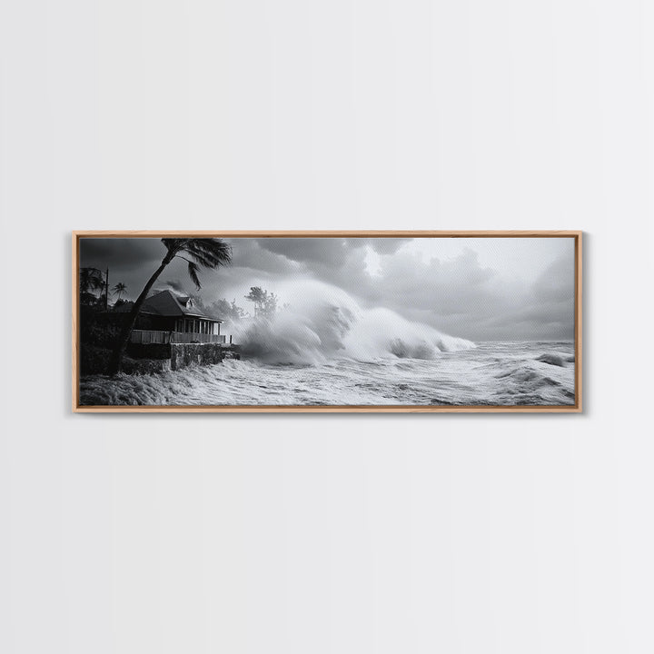 Stormy Waves, Ocean Fury, Tropical Housefront, Canvas Print, dramatic coastal decor, fall storm wall art, modern living room statement