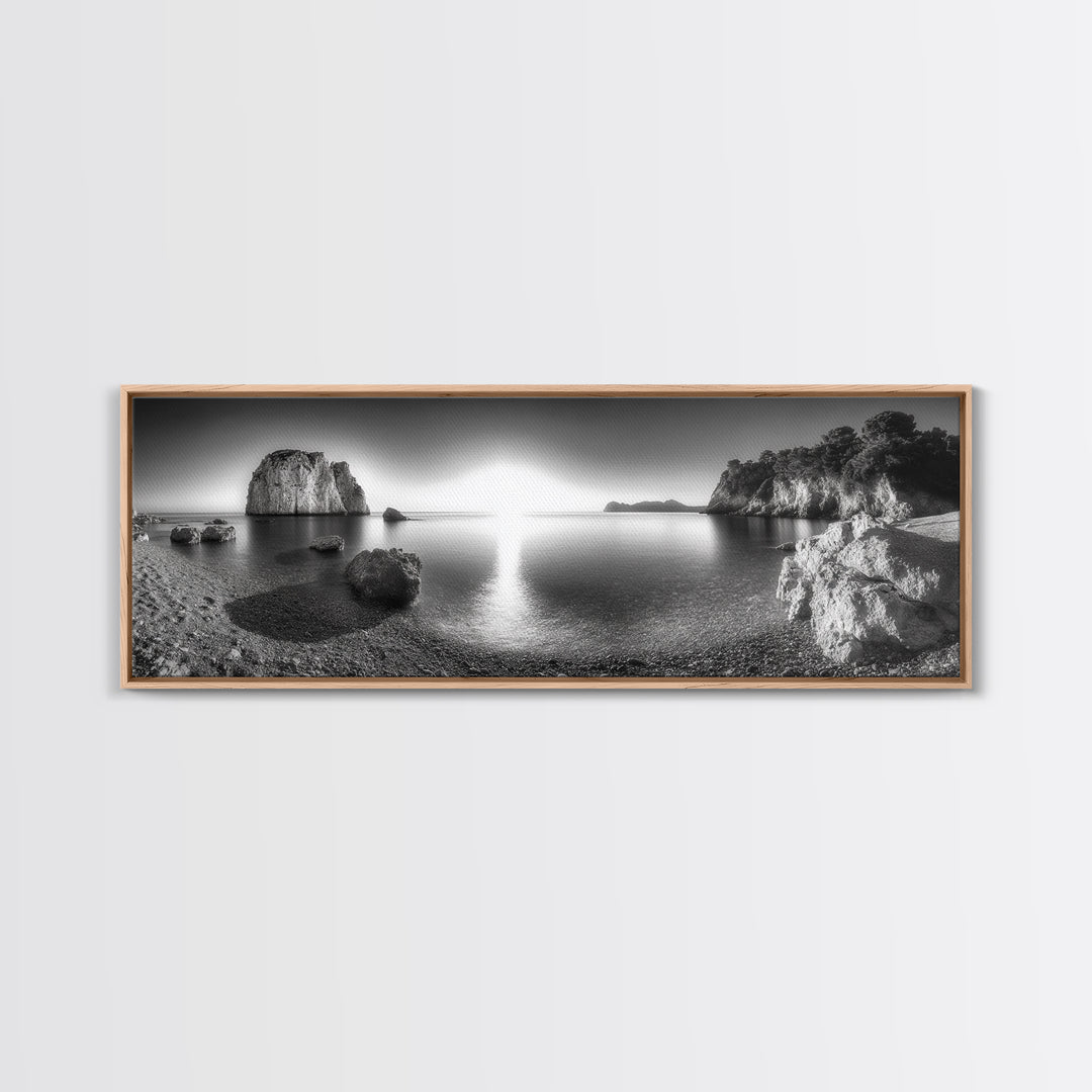 Seaside Sunrise, Rocky Beach Calm, Coastal Light, Canvas Print, peaceful ocean decor, minimalist sunrise wall art, zen meditation space
