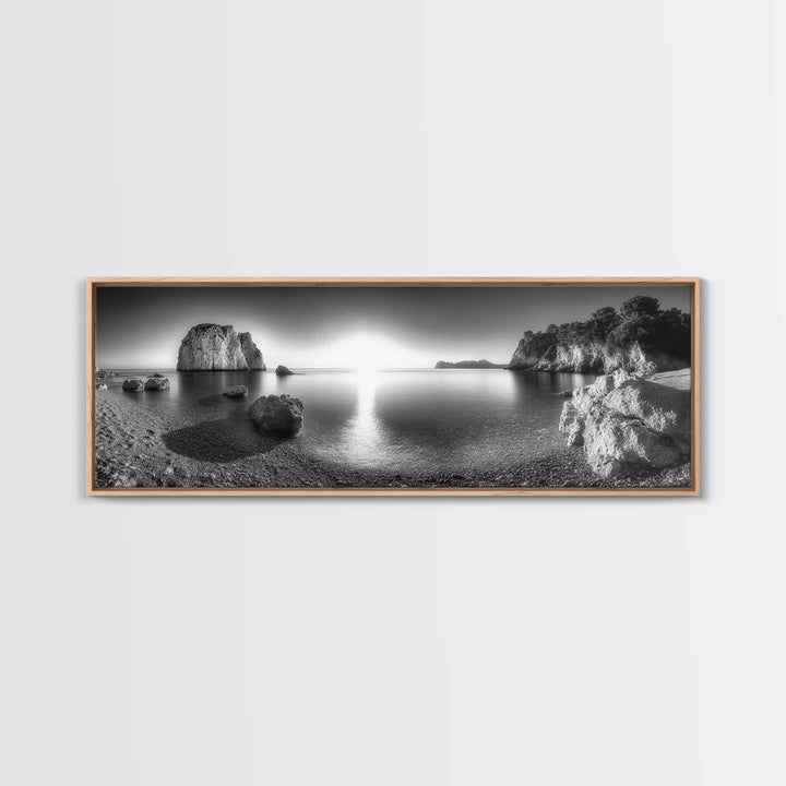 Seaside Sunrise, Rocky Beach Calm, Coastal Light, Canvas Print, peaceful ocean decor, minimalist sunrise wall art, zen meditation space