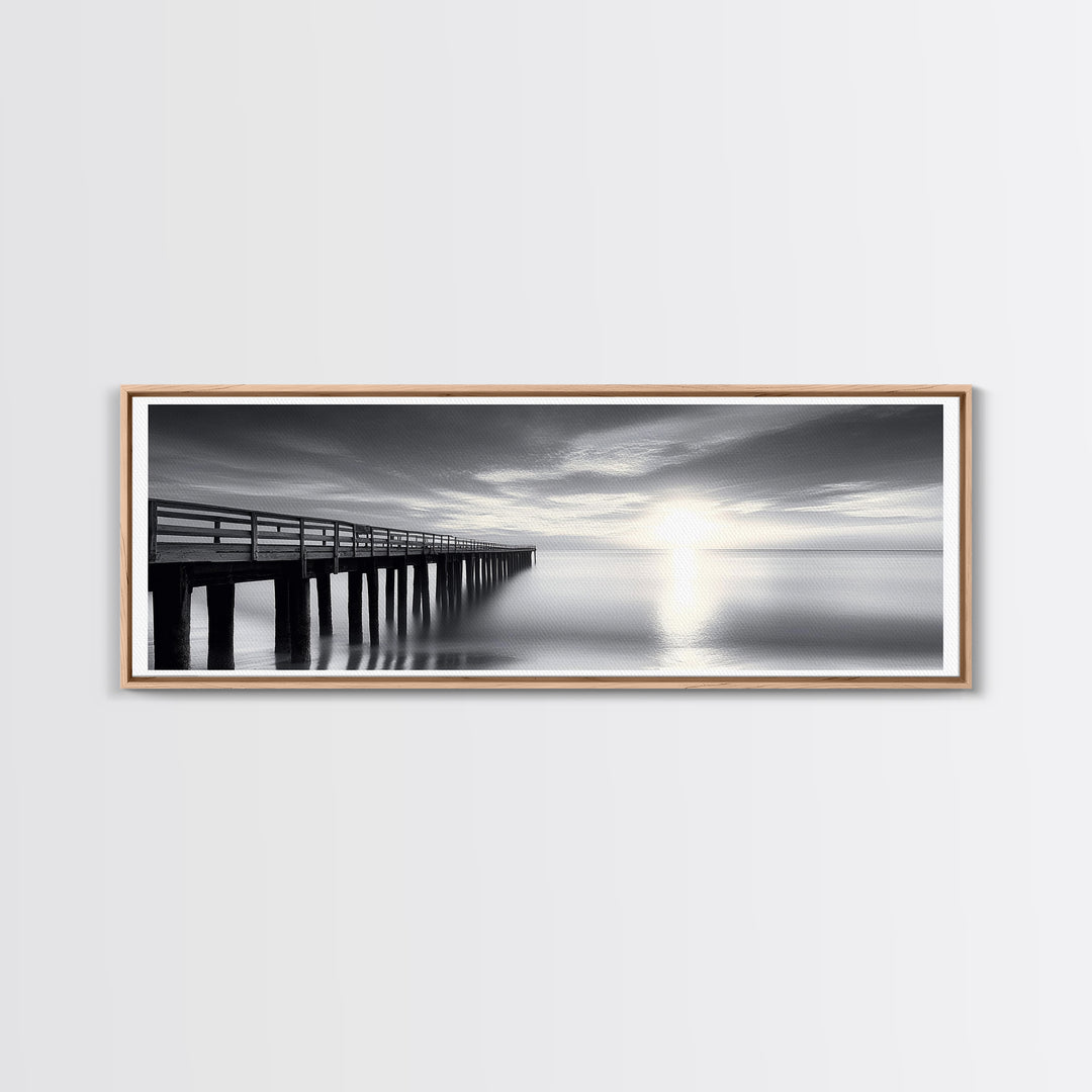 Ocean Pier, Tranquil Horizon, Serene Seascape, Framed Canvas Print, black and white beach wall art, bedroom coastal minimalism