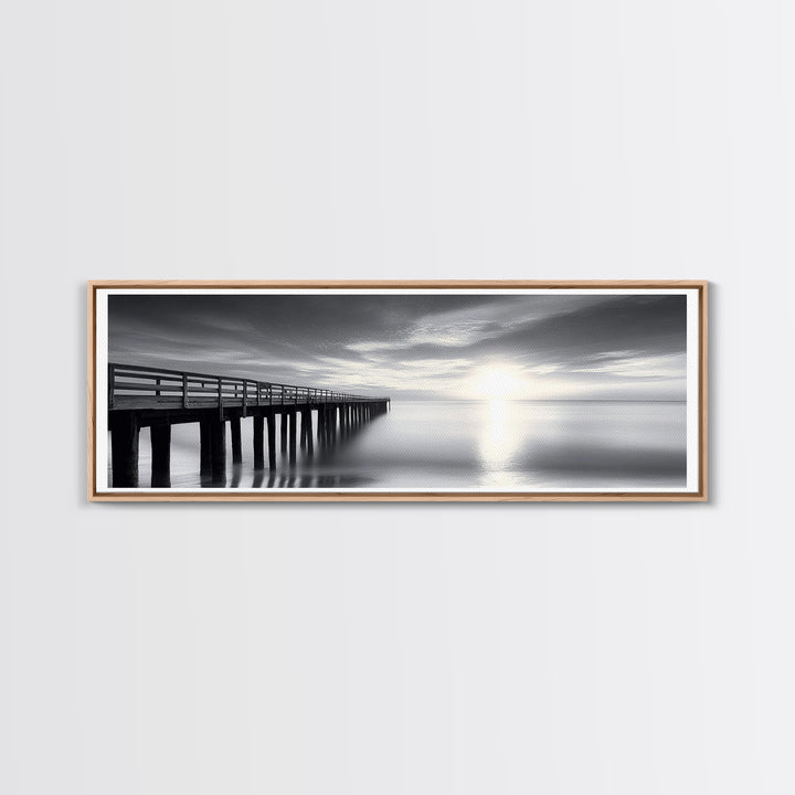 Ocean Pier, Tranquil Horizon, Serene Seascape, Framed Canvas Print, black and white beach wall art, bedroom coastal minimalism