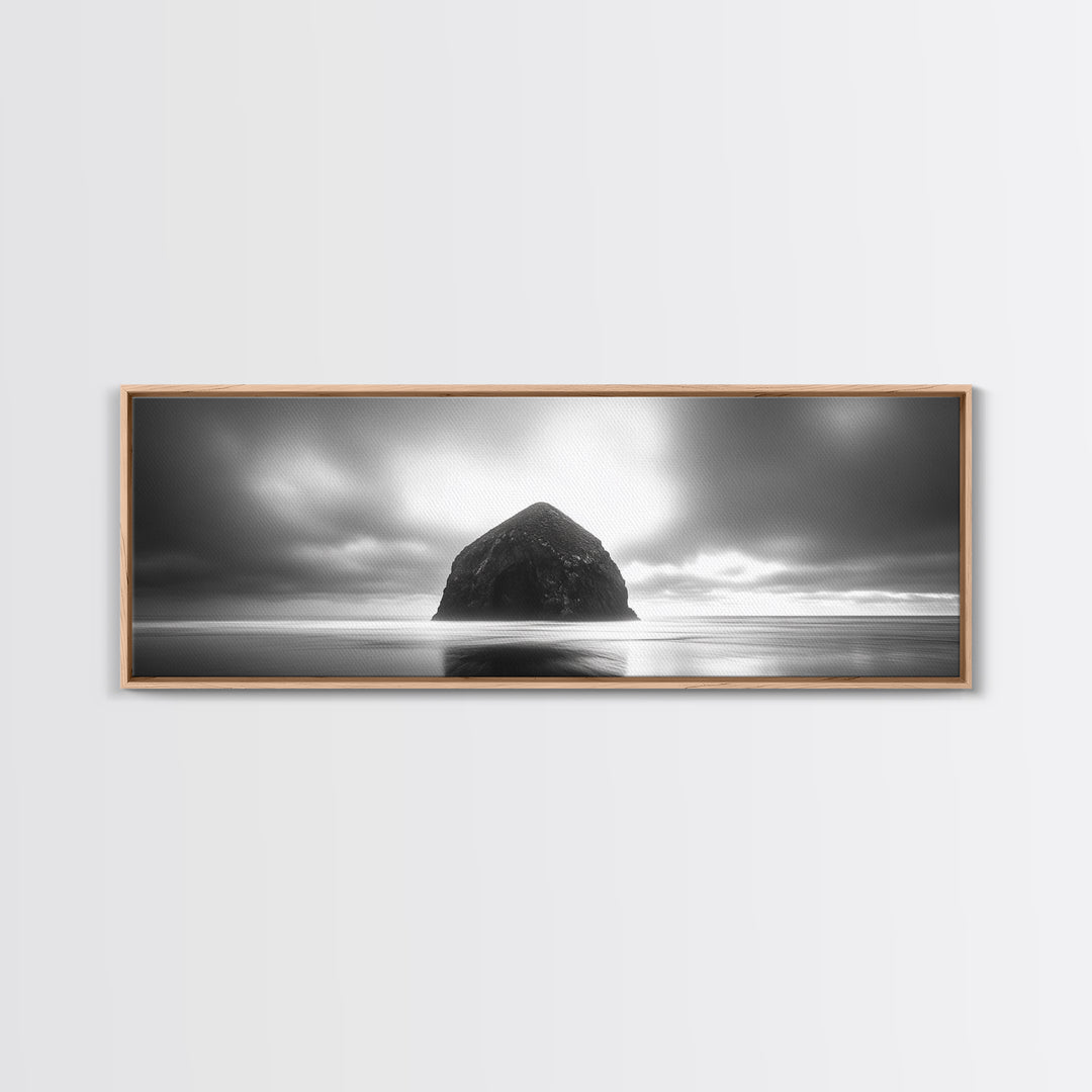 Seaside Rock Monolith, Ocean Landscape, Dramatic Sky Photography, Framed Canvas Print, Moody Wall Art, Minimalist Home Decor