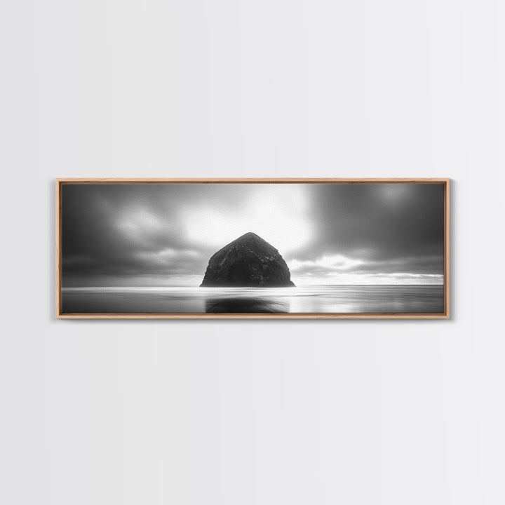 Seaside Rock Monolith, Ocean Landscape, Dramatic Sky Photography, Framed Canvas Print, Moody Wall Art, Minimalist Home Decor