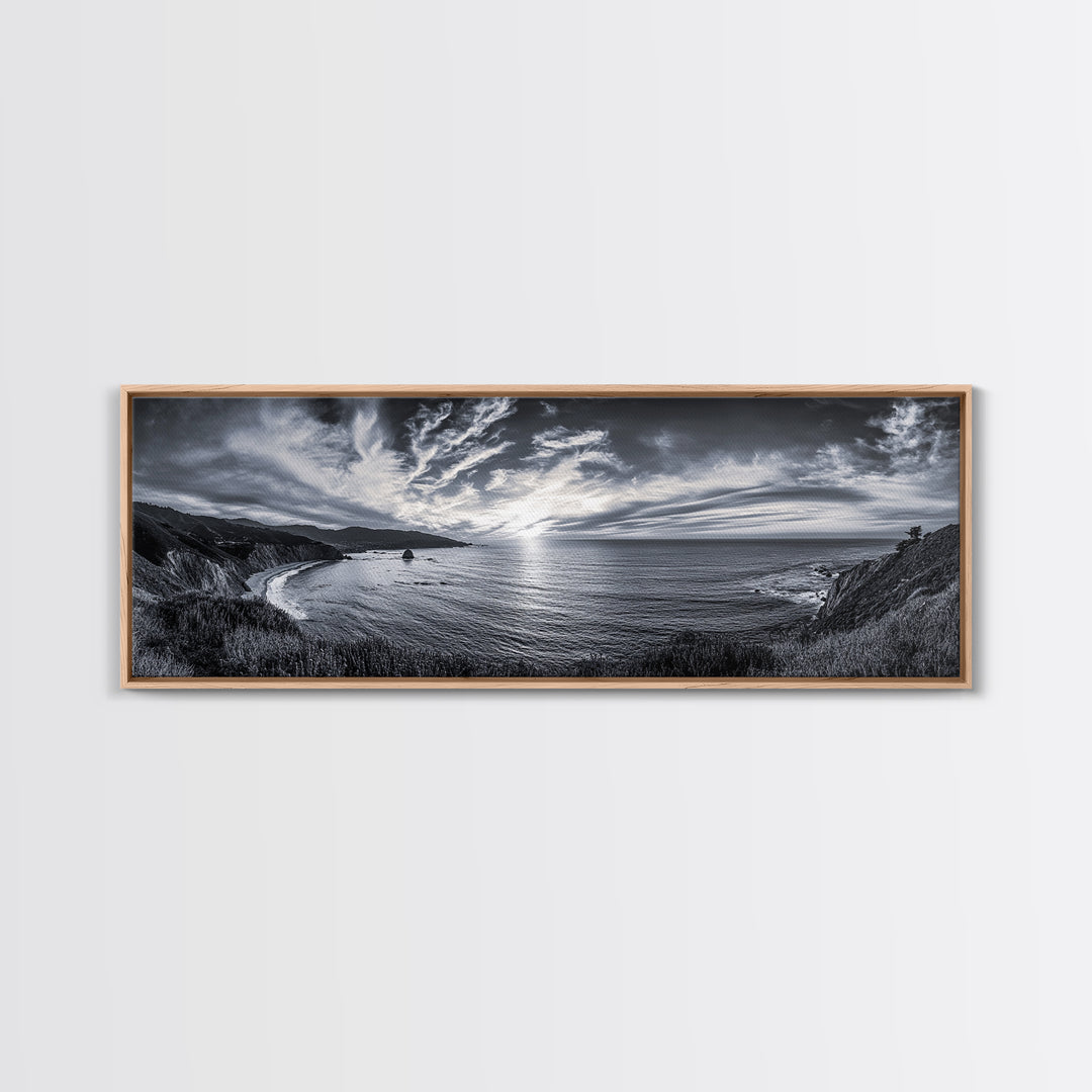 Cloudy Horizon, Wide Ocean View, Coastal Cliffs, Framed Canvas Print, dramatic seascape wall art, coastal kitchen decor, black and white