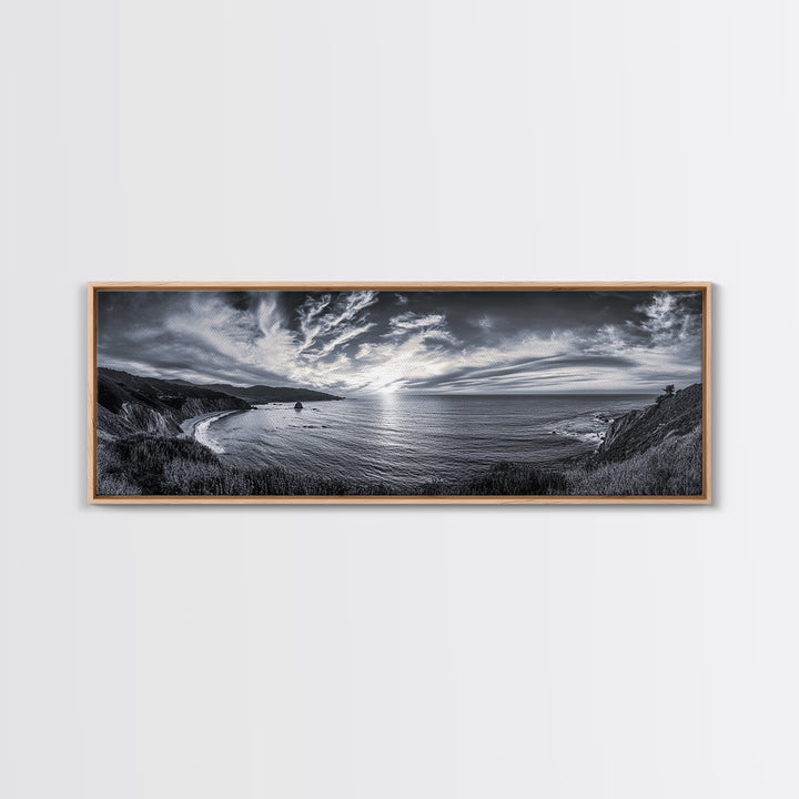 Cloudy Horizon, Wide Ocean View, Coastal Cliffs, Framed Canvas Print, dramatic seascape wall art, coastal kitchen decor, black and white