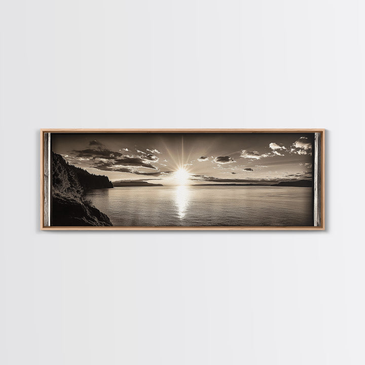 Sepia Horizon, Sunset Lake, Nature Tranquility, Canvas Print, cabin wall decor, warm autumn lake art, peaceful sepia photography