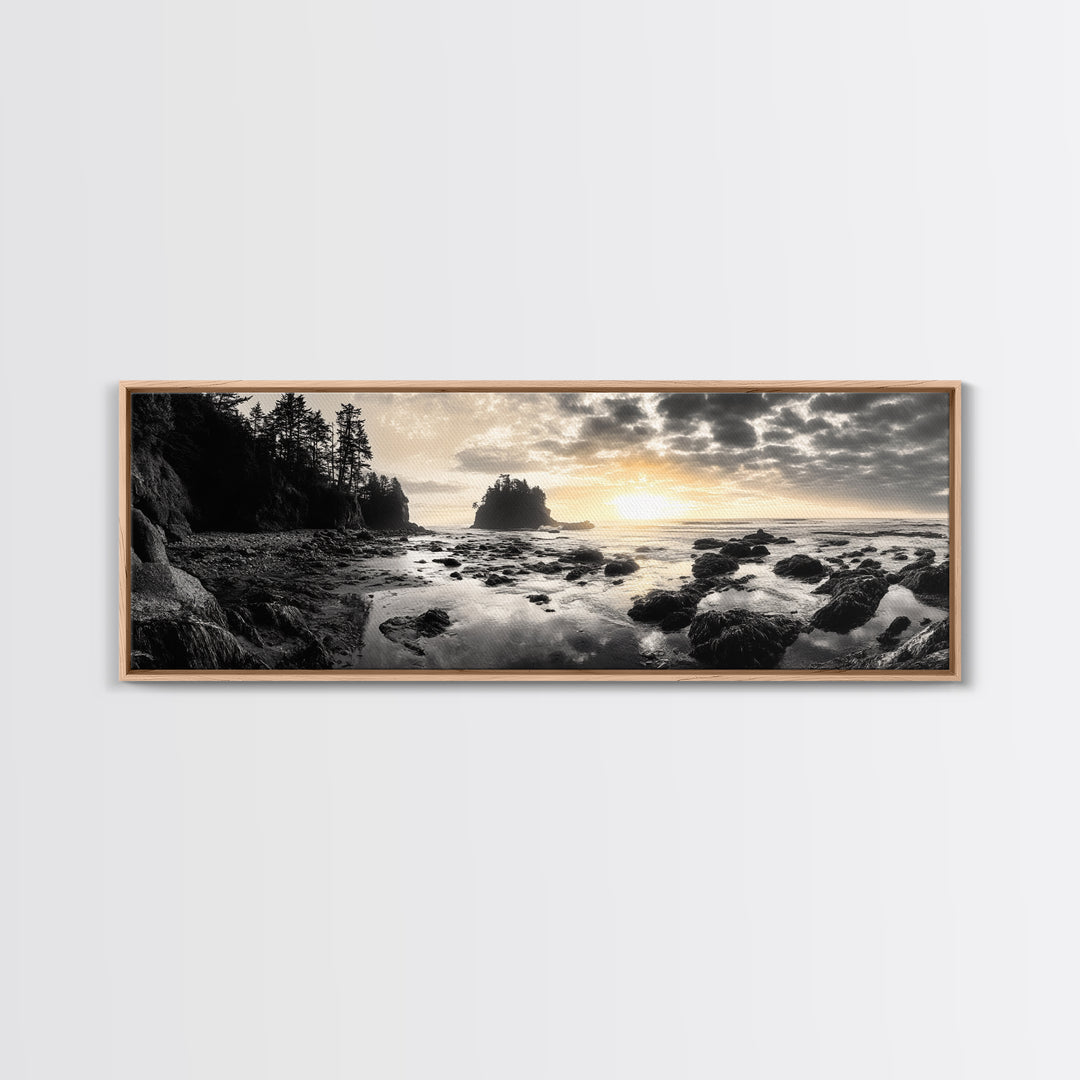 Sunset Shoreline, Moody Rocks, Forested Coast, Framed Canvas Print, nature lover gift, fall coastal art, rustic bathroom wall decor