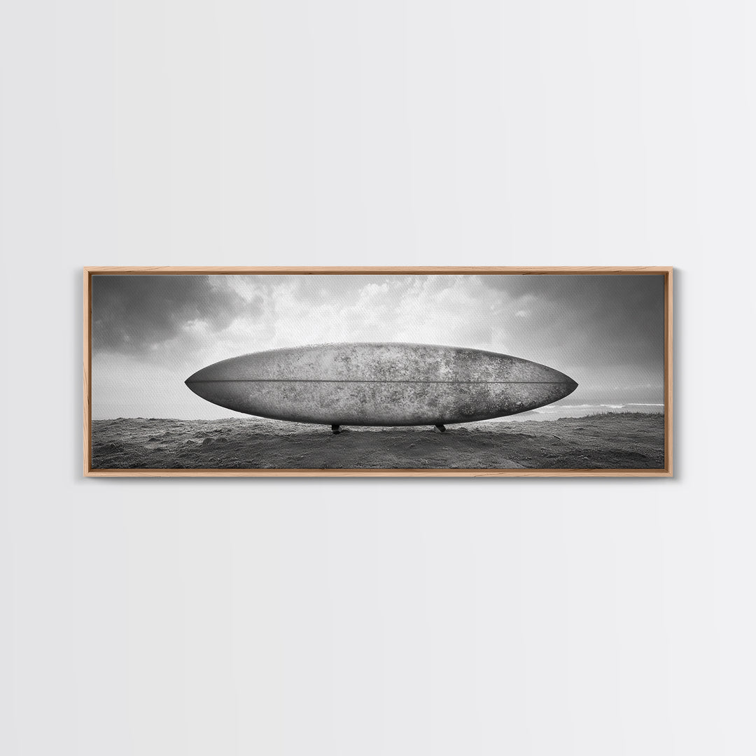 Surfboard Alone, Beach Sand, Cloudy Sky, Framed Canvas Print, minimalist surf art, coastal man cave decor, surf lover gift idea