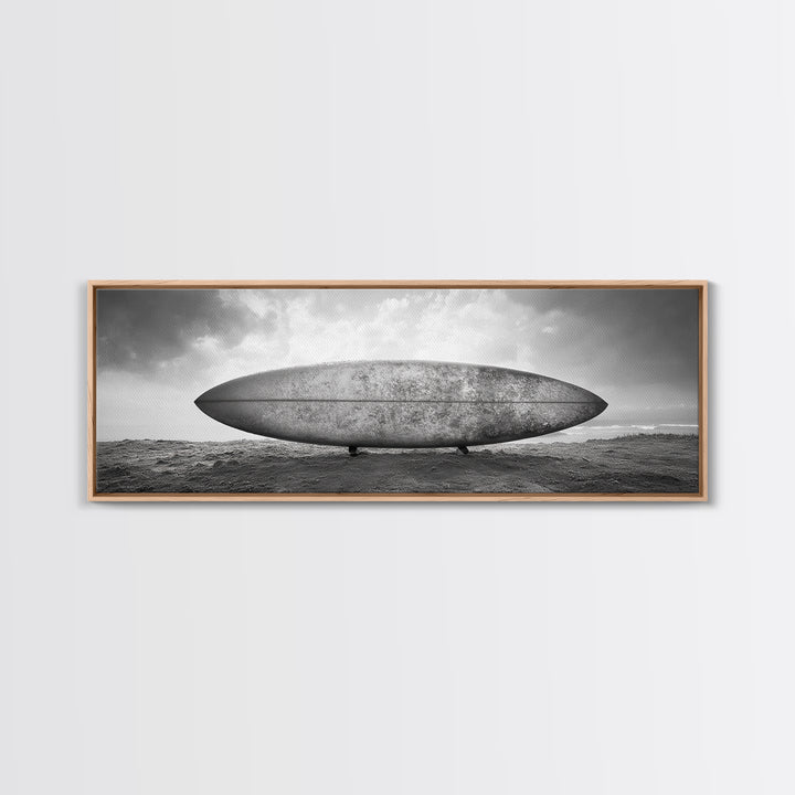 Surfboard Alone, Beach Sand, Cloudy Sky, Framed Canvas Print, minimalist surf art, coastal man cave decor, surf lover gift idea