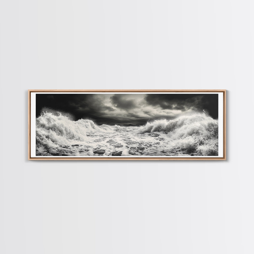 Storm Waves, Moody Sea, Ocean Power, Canvas Print, dramatic bathroom wall art, black and white seascape, coastal energy room decor