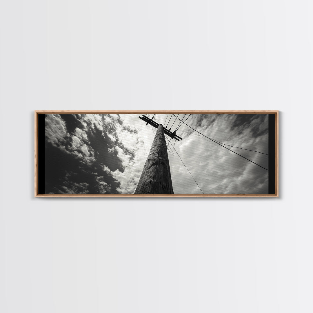 Utility Pole Sky, Urban Minimalism, Power Lines, Framed Canvas Print, Industrial Wall Art, Office Decor, Monochrome Photography
