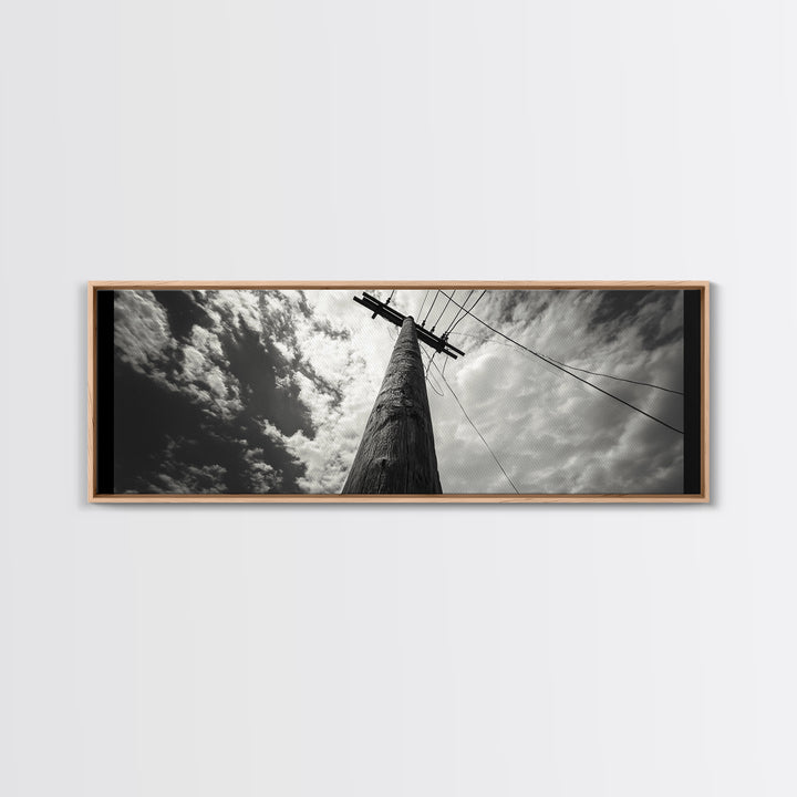 Utility Pole Sky, Urban Minimalism, Power Lines, Framed Canvas Print, Industrial Wall Art, Office Decor, Monochrome Photography