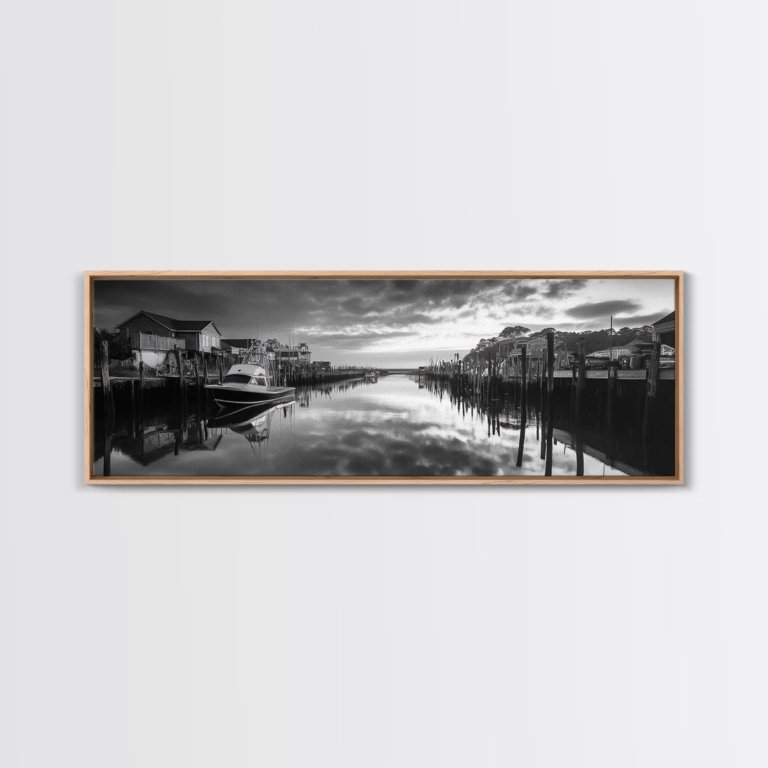 Fishing Dock, Quiet Marina, Waterside Village, Canvas Print, Nautical Wall Art, Lake House Decor, Black and White Photography