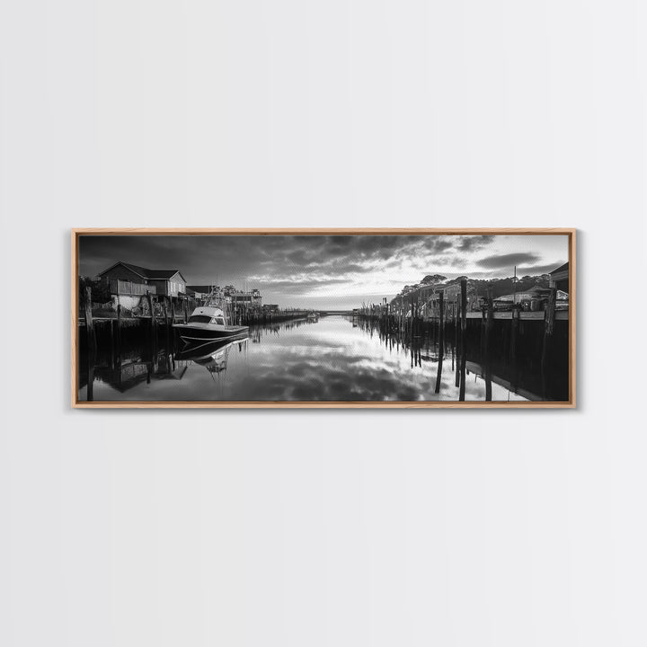 Fishing Dock, Quiet Marina, Waterside Village, Canvas Print, Nautical Wall Art, Lake House Decor, Black and White Photography