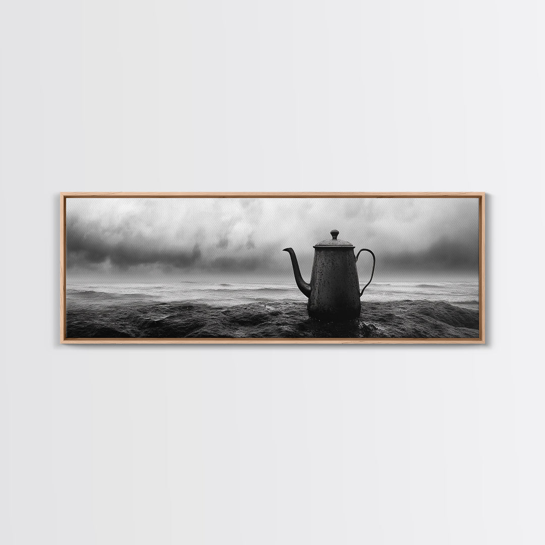 Coastal Teapot Still, Nautical Decor, Ocean Photography, Minimalist Kitchen Art, Canvas Print, Monochrome Style, Beach House Art