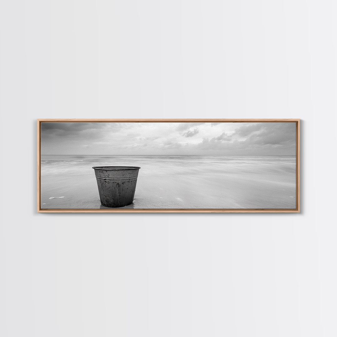 Seaside Metal Pail, Coastal Minimalism, Black White Art, Modern Bathroom Art, Framed Canvas Print, Tranquil Ocean Wall Decor