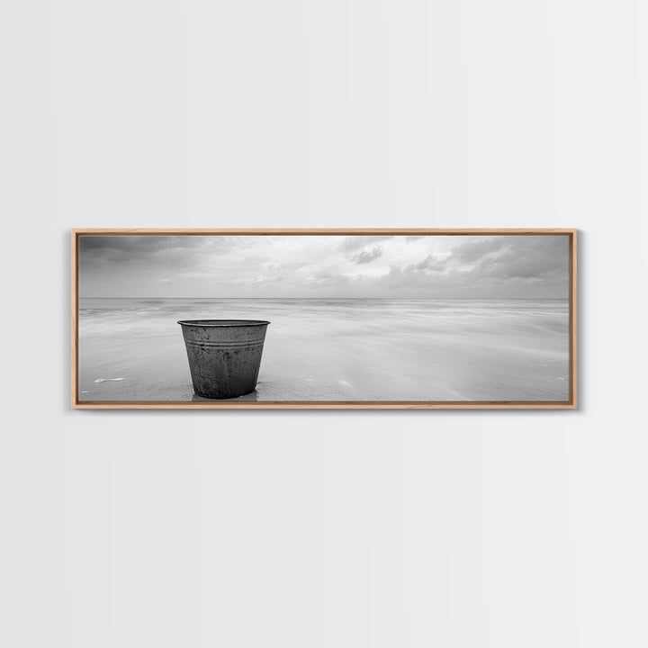 Seaside Metal Pail, Coastal Minimalism, Black White Art, Modern Bathroom Art, Framed Canvas Print, Tranquil Ocean Wall Decor