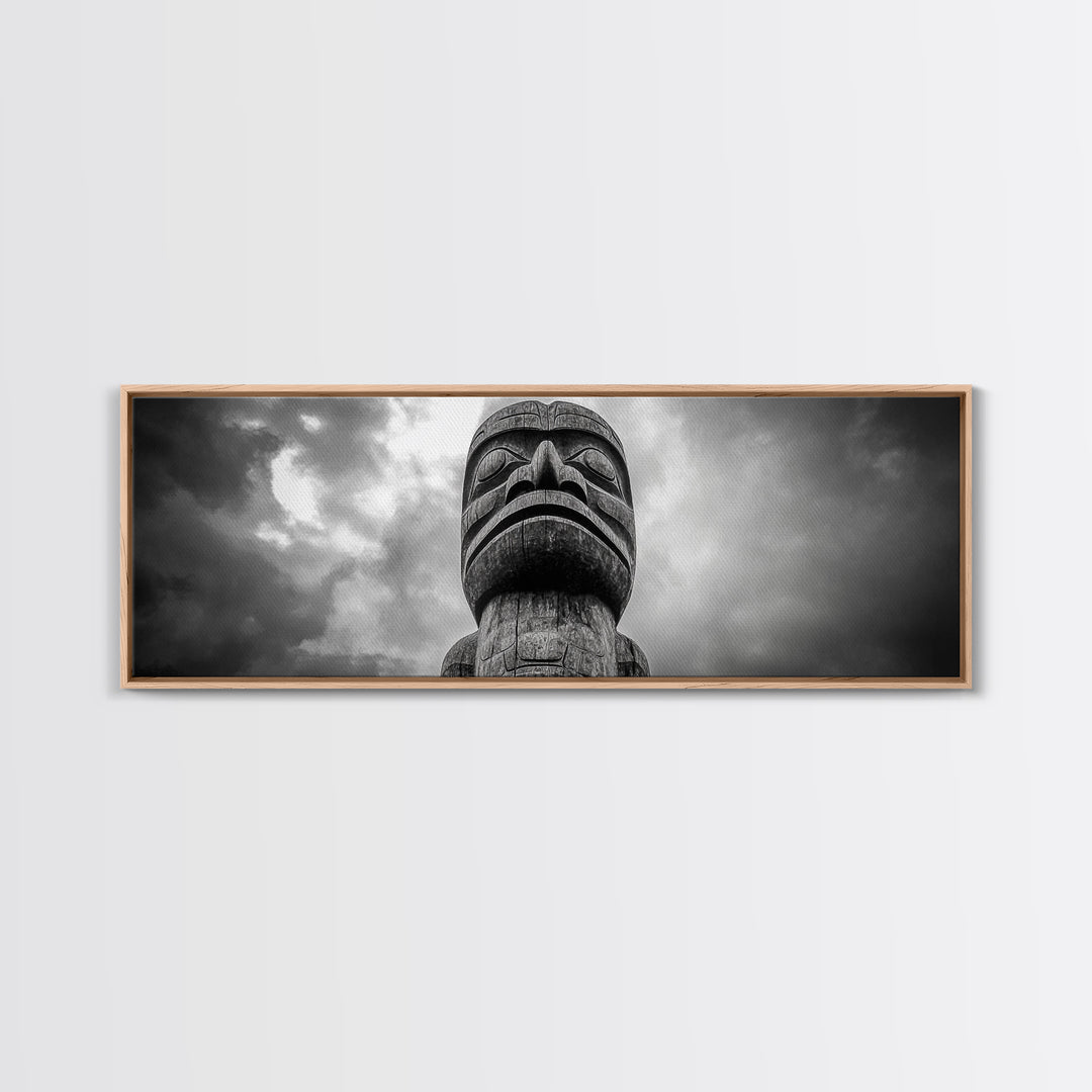 Tribal Totem Head, Cultural Wall Art, Primitive Sculpture Print, Monochrome Decor, Canvas Print, Office or Study Accent