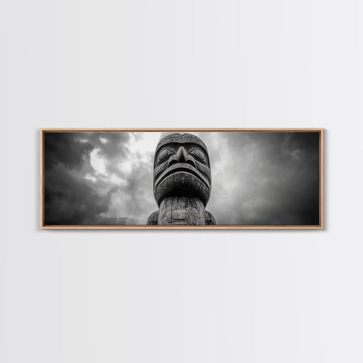 Tribal Totem Head, Cultural Wall Art, Primitive Sculpture Print, Monochrome Decor, Canvas Print, Office or Study Accent