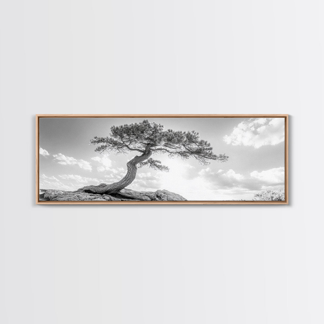 Lone Curved Tree, Zen Nature Print, Minimalist Landscape, Calming Decor, Framed Canvas Print, Bedroom Wall Statement