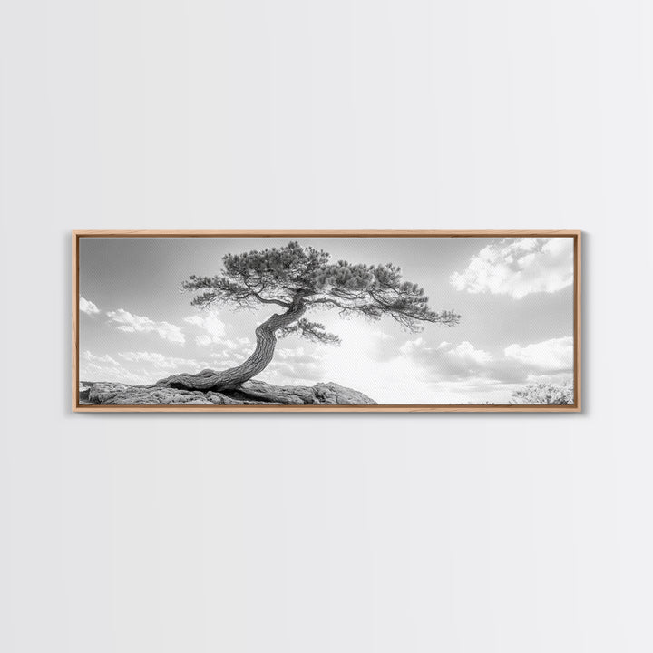 Lone Curved Tree, Zen Nature Print, Minimalist Landscape, Calming Decor, Framed Canvas Print, Bedroom Wall Statement